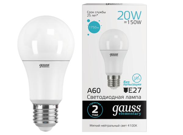 Лампа светодиодная Gauss elementary A60 E27 4100K нейтральный свет груша 20 Вт