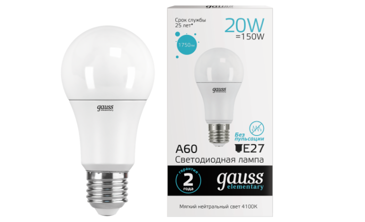 

Лампа светодиодная Gauss elementary A60 E27 4100K нейтральный свет груша 20 Вт