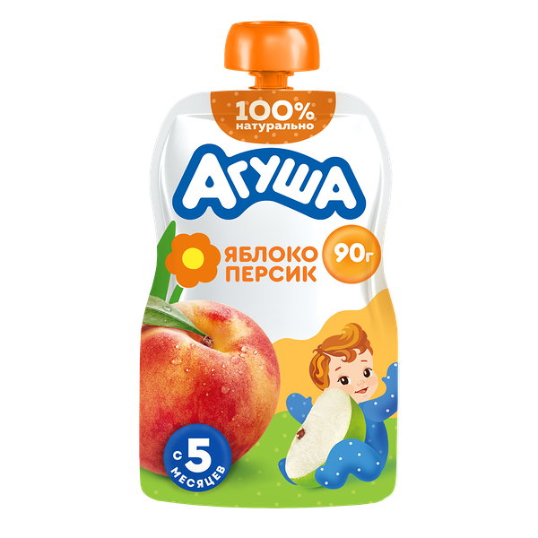 Детское фруктовое пюре Агуша яблоко, персик в мягкой упаковке с 5 месяцев 90 г