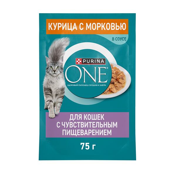 Влажный корм для кошек Purina One при чувствительном пищеварении Курица и морковь в соусе 75 г
