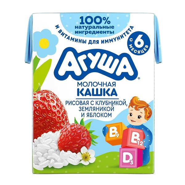 Каша молочная Агуша Укрепляй-ка рисовая клубника-земляника-яблоко с 6 месяцев 200 мл