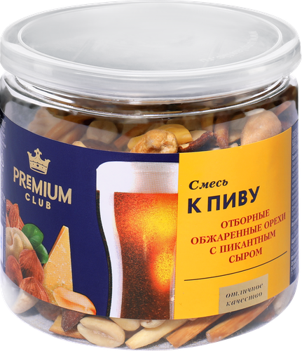 

Смесь Premium Club К пиву, миндаль, ядра арахиса обжаренные соленые и сухой сыр 180 г