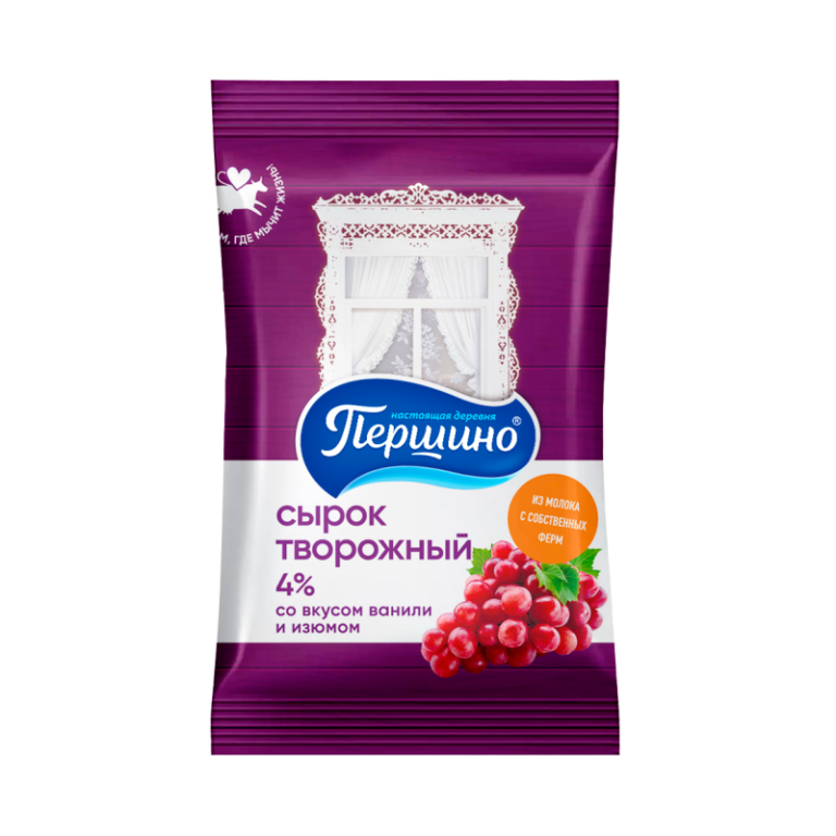 

Сырок творожный Першино Ваниль-изюм 4% флоу-пак бзмж 90 г