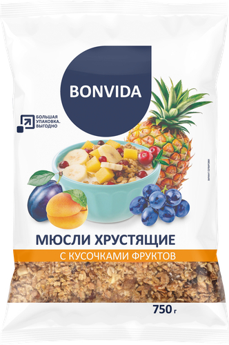 

Мюсли хрустящие Bonvida с кусочками фруктов 750 г