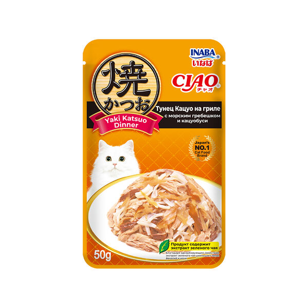 Влажный корм для кошек Inaba Ciao Yaki Katsuo Dinner Тунец Кацуо на гриле с морским гребешком и кацуобуси 50 г