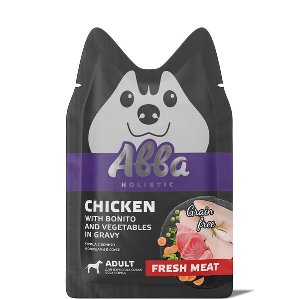Влажный корм Abba для собак всех пород с курицей, бонито и овощами в соусе 100 г