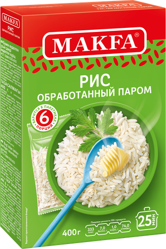 

Рис длиннозерный Makfa обработанный паром 66.6 г x 6 шт.
