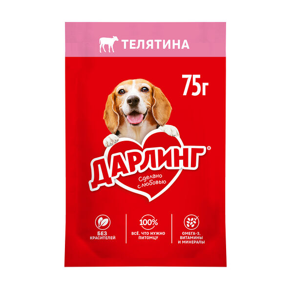Влажный корм Дарлинг для взрослых собак, кусочки с телятиной в подливе 75 г