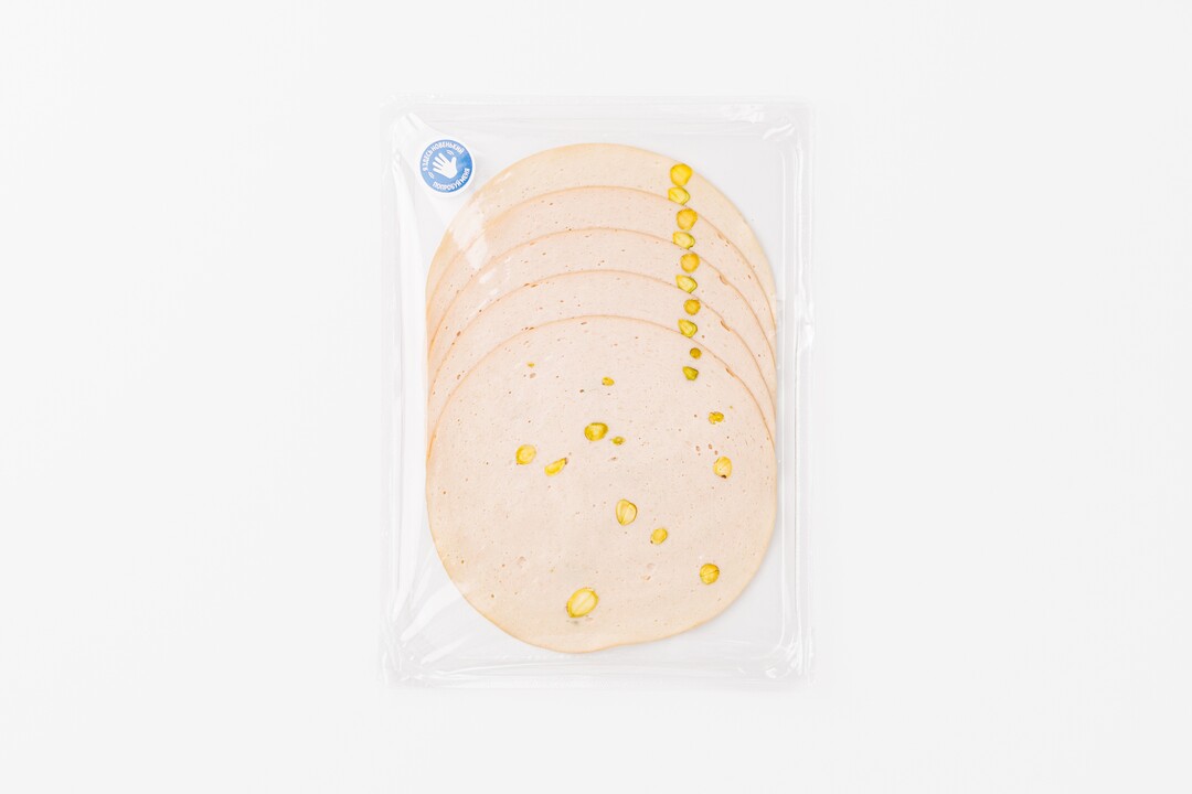 

Колбаса Вкусвилл вареная куриная Мортаделла с фисташками, нарезка 120 г