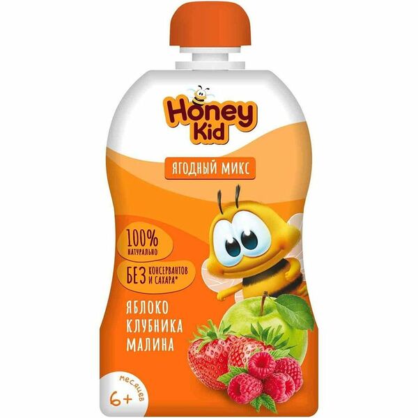 Пюре Honey Kid Ягодный микс яблоко-малина-клубника с 6 месяцев 90 г