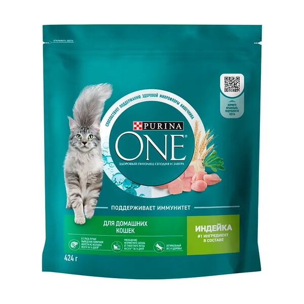 Сухой корм для взрослых домашних кошек, PURINA ONE, с индейкой, 424 г