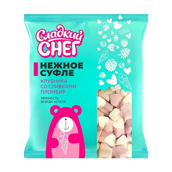 Маршмеллоу, Сладкий снег, 130 г, со вкусом клубники со сливками и пломбира