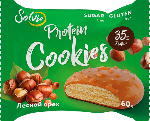 Печенье протеиновое Solvie Protein cookies Лесной орех глазированное с начинкой 60 г