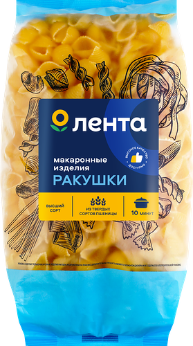 Макароны Лента Ракушки группа А, высший сорт, 450г