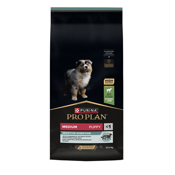 Сухой корм Pro Plan Sensitive Digestion для щенков средних пород с чувствительным пищеварением, с высоким содержанием ягненка 12 кг