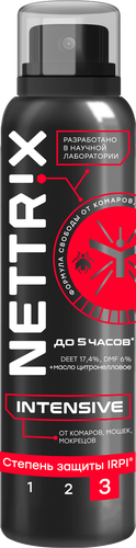 

Аэрозоль Nettrix репеллентный Intensive от комаров, мошек, мокрецов, степень защиты 3IRPI 150 мл