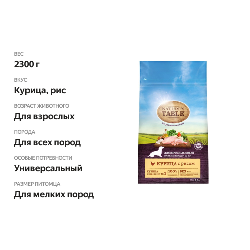 

Сухой корм Nature’s Table для собак мелких пород курица с рисом 2.3 кг