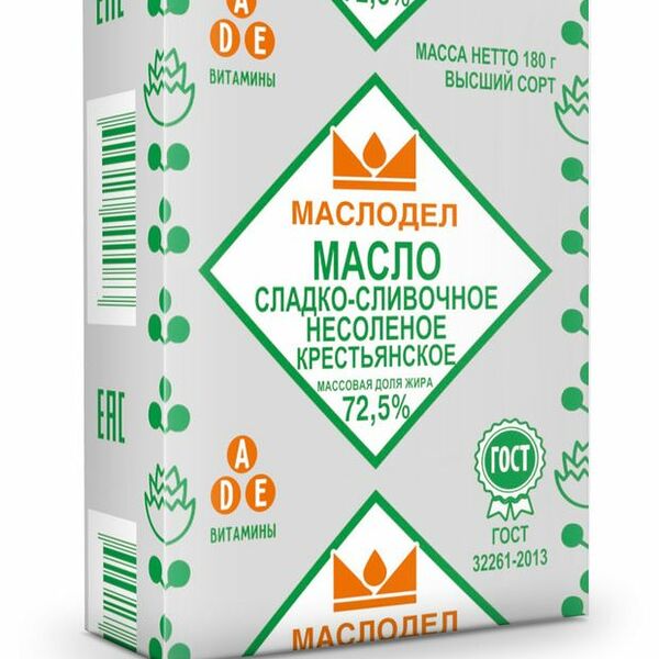 Масло сладко-сливочное Маслодел Крестьянское 72.5% 180 г