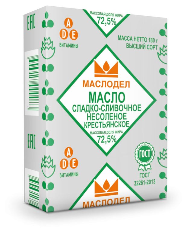 

Масло сладко-сливочное Маслодел Крестьянское 72.5% 180 г