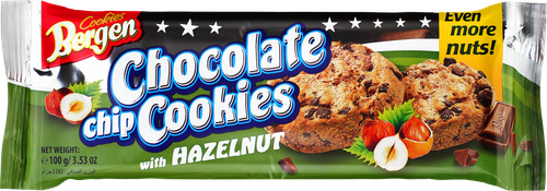 

Печенье BERGEN Chocolate chip cookies с кусочками шоколада и лесным орехом, 100г