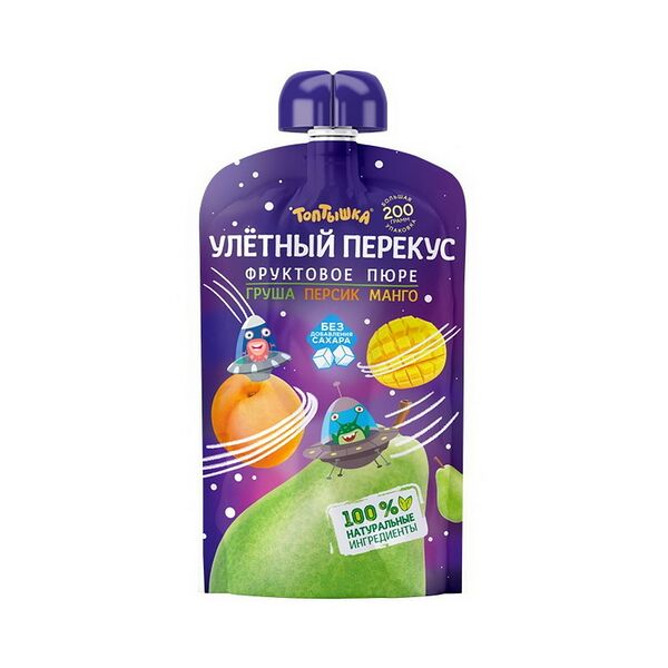 Пюре фруктовое Топтышка Улетный перекус груша персик и манго 200г ДП