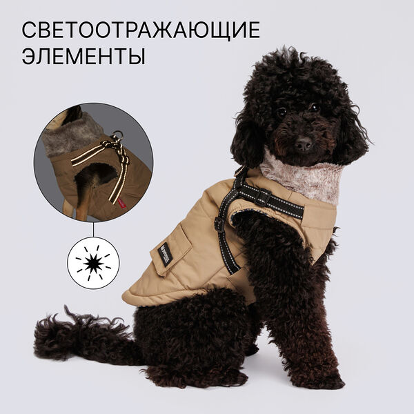 Куртка бежевая с меховым воротом со шлейкой Petmax 2XL