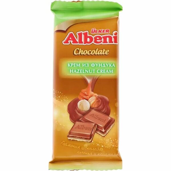 Шоколад Ulker Albeni молочный с печеньем, кремом из фундука и кусочками карамели 85 г