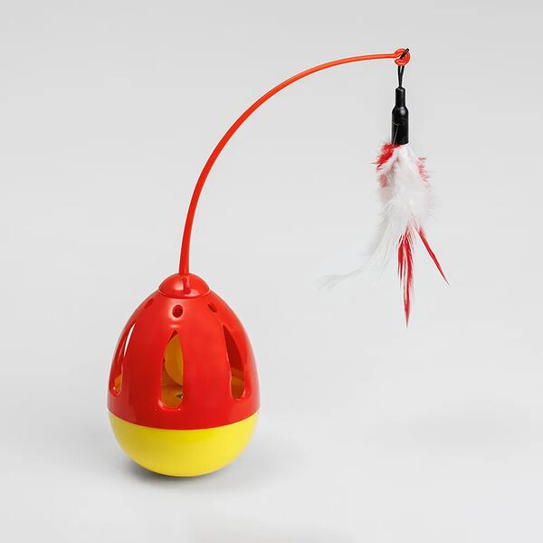 Игрушка для кошек Неваляшка с перьями и бубенчиком, 10х7,2х7,2 см, длина палки 16 см, длина игрушки 11 см
