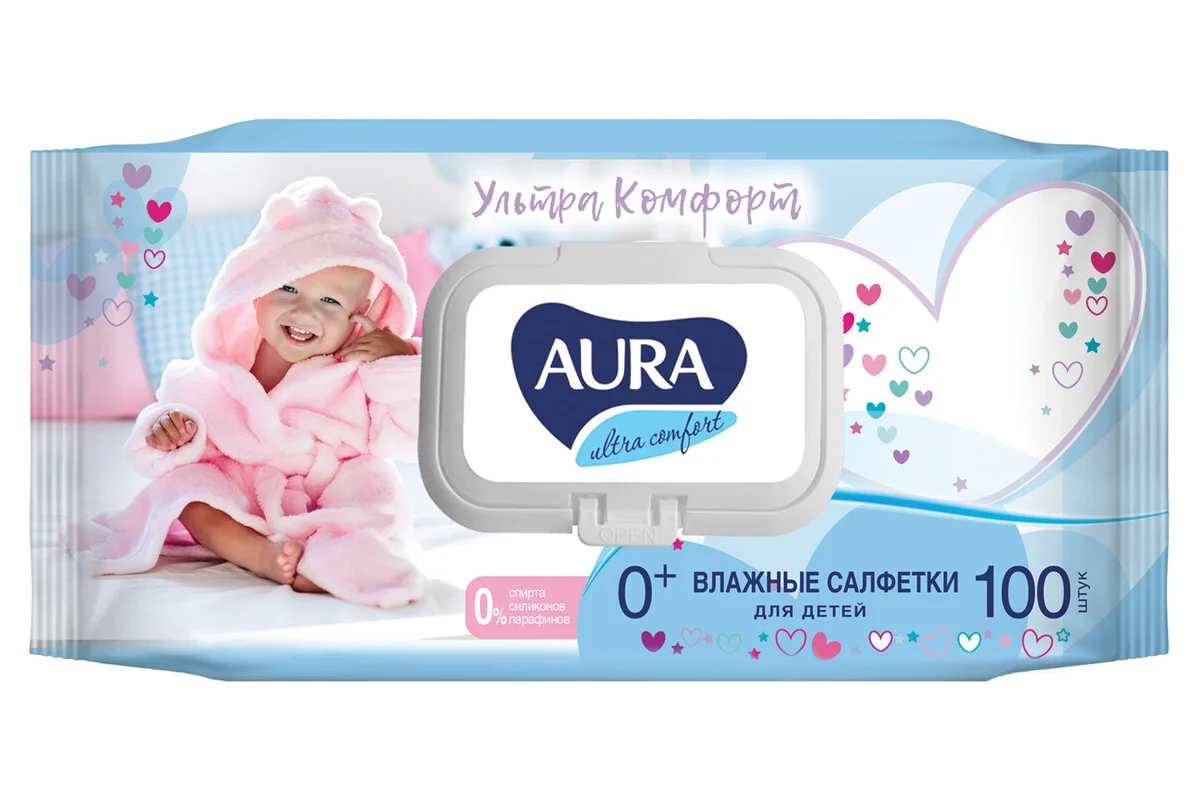 

Салфетки влажные Aura Ultra Comfort для детей с алоэ и витамином Е с крышкой 100 шт