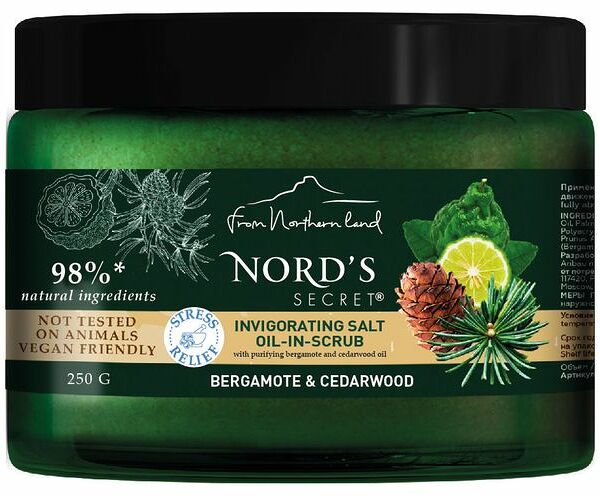 NORDS SECRET Скраб соляной с эфирным маслом Бергамот и кедр тонизирующий, 250 г