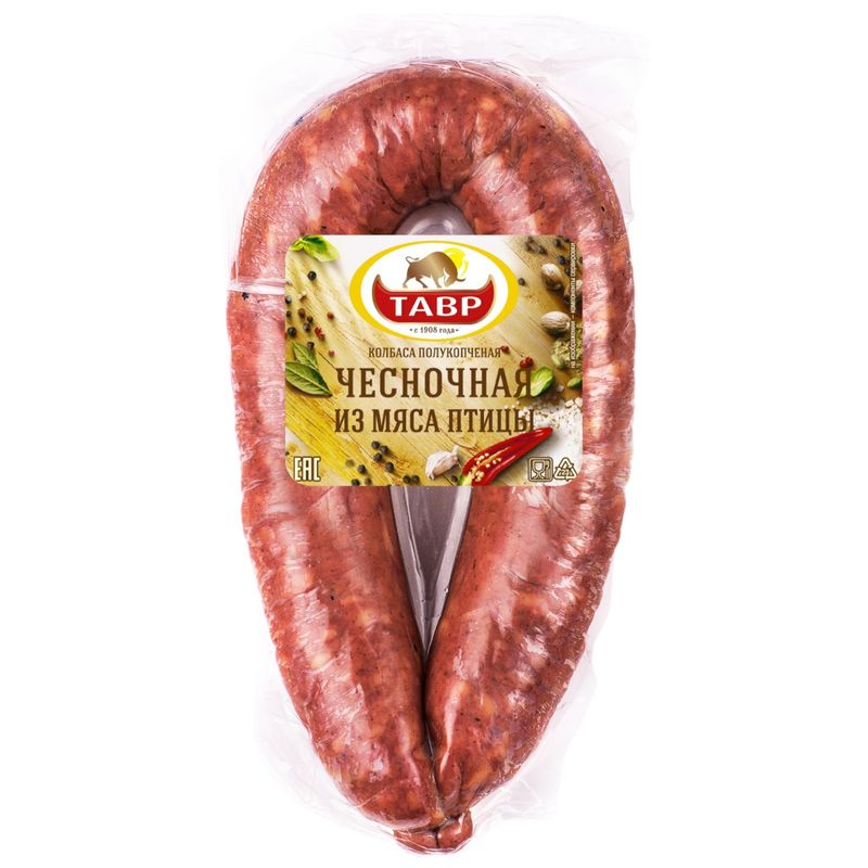 

Колбаса Тавр Чесночная из мяса птицы полукопченая вес