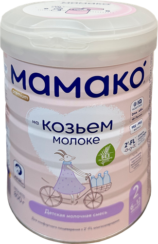 

Смесь Мамако 2 Premium Молочная на основе козьего молока с олигосахаридами грудного молока с 6 месяцев 800 г