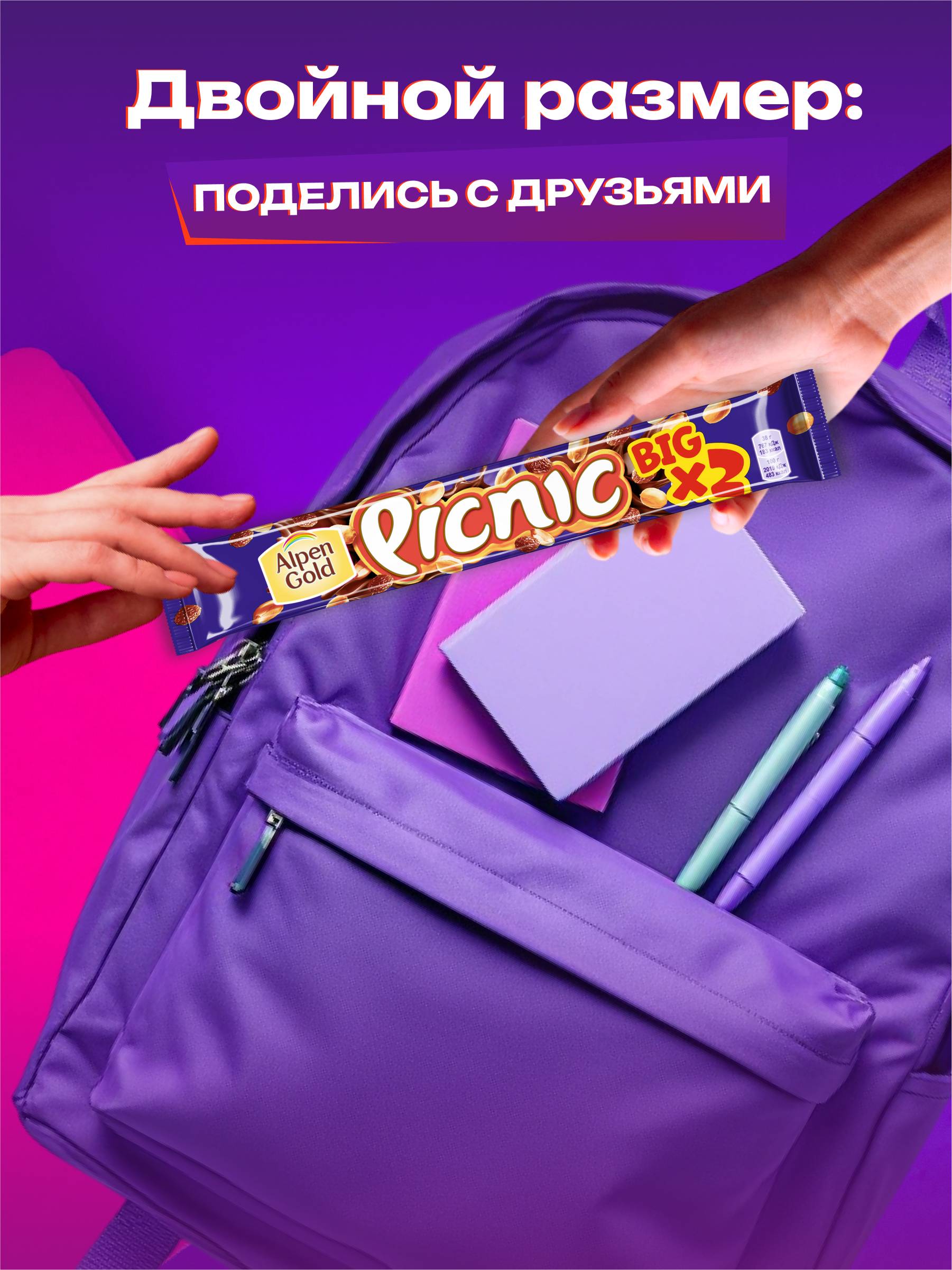 

Батончик Picnic Big с арахисом и изюмом, начинкой из мягкой карамели, вафель и воздушного риса, покрытый молочным шоколадом 76 г