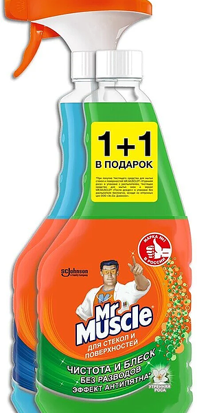 Набор Mr. Muscle Чистящее средство: После Дождя для мытья окон и зеркал 530 мл, Утренняя Роса для стёкол и поверхностей 530 мл