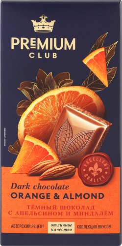 

Шоколад темный Premium Club с апельсином и миндалем 85 г