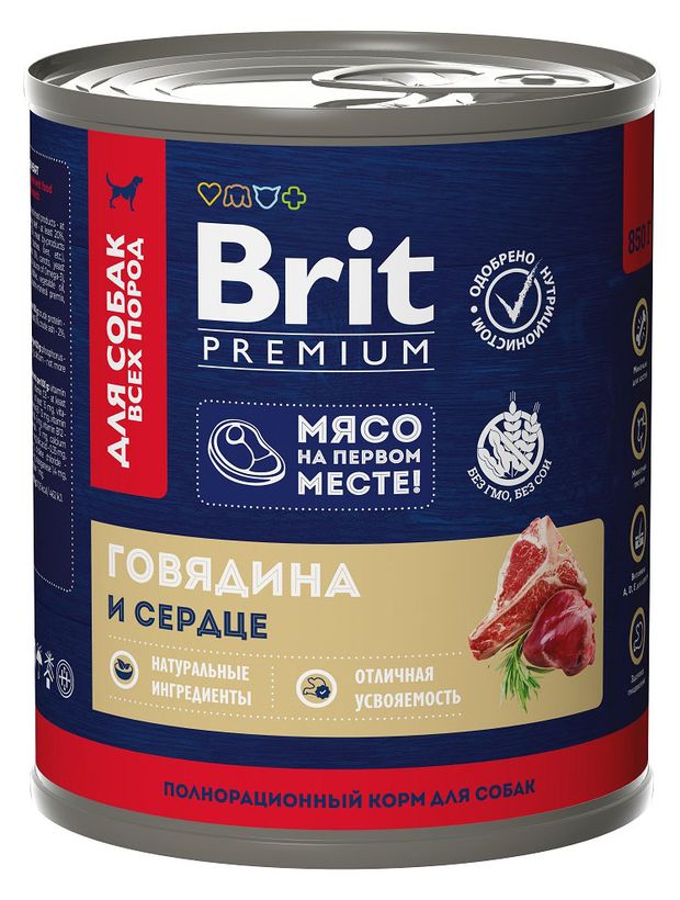 

Корм консервированный Brit Premium для собак всех пород говядина и сердце 850 г