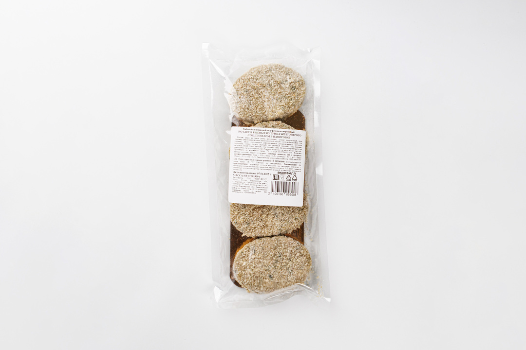 

Котлеты рыбные ВкусВилл из тунца со шпинатом замороженные 300 г