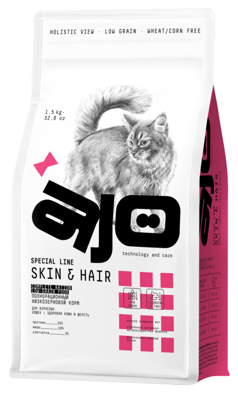 

Сухой корм для кошек Ajo Cat Skin&Hair здоровая кожа красивая шерсть Индейка и лосось 1.5 кг