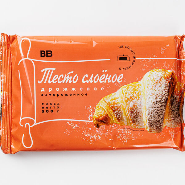 Тесто Вкусвилл слоеное дрожжевое на сливочном масле замороженное 500 г