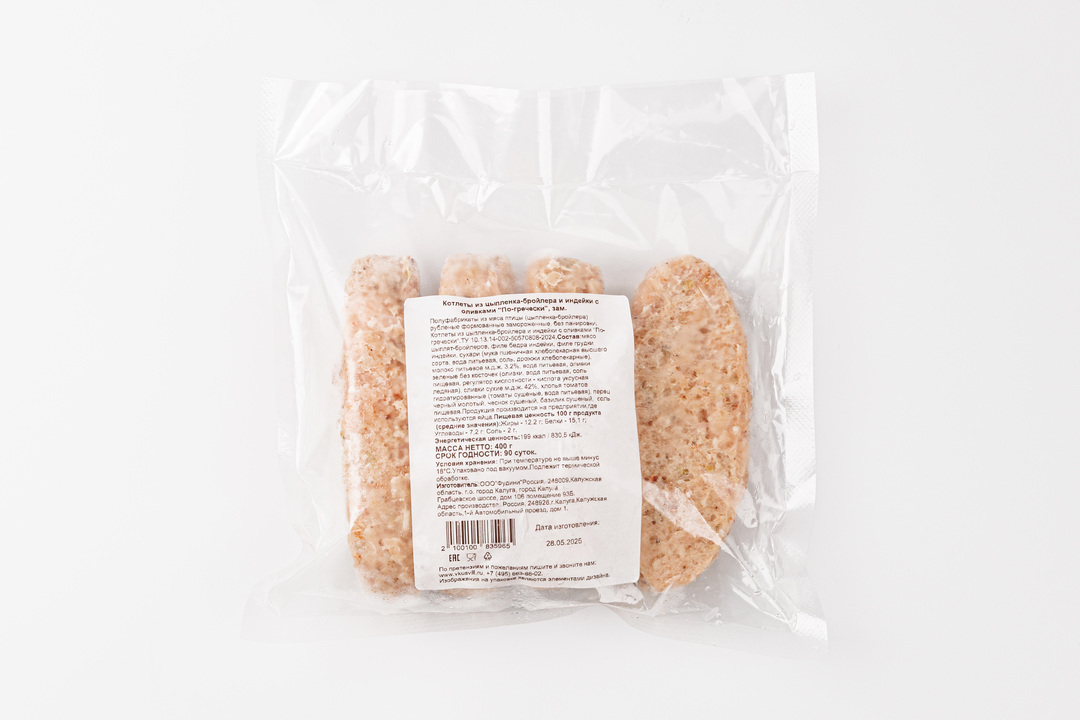 

Котлеты ВкусВилл из цыпленка-бройлера и индейки с оливками по-гречески, заморозка замороженные 400 г