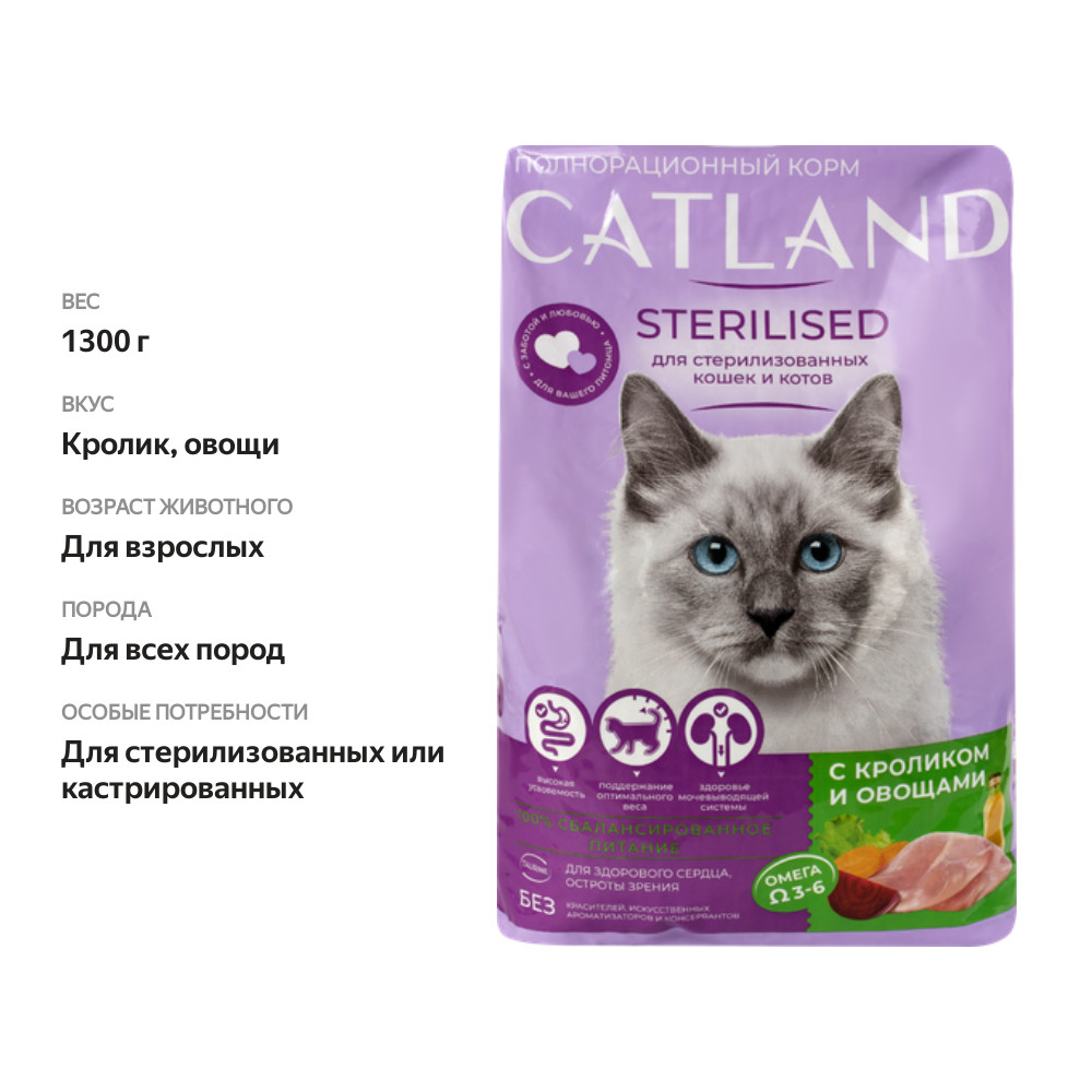 

Сухой корм Catland для взрослых стерилизованных кошек с кроликом и овощами полнорационный 1.3 кг