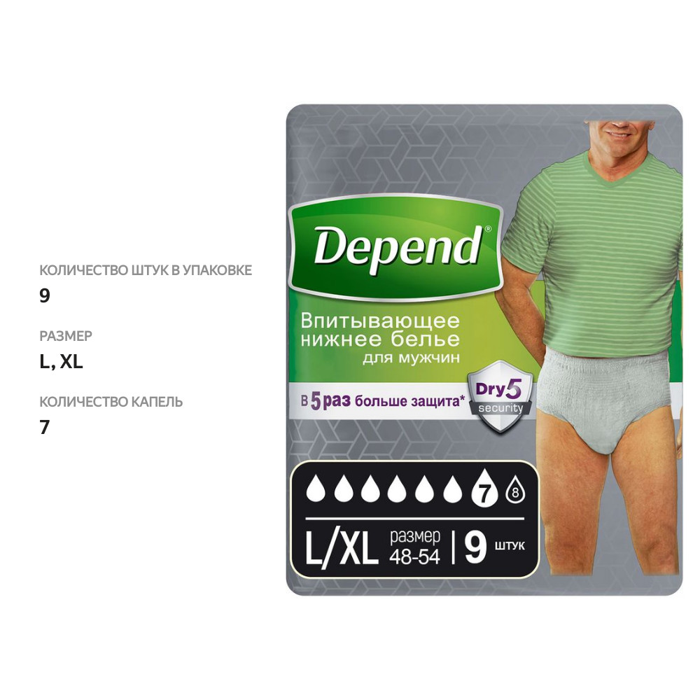 

Впитывающее нижнее белье Depend для мужчин L/XL 9 шт