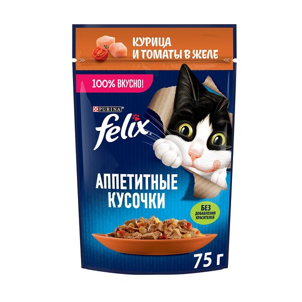 Влажный корм для взрослых кошек Felix Аппетитные кусочки с курицей и томатами в желе 75 г