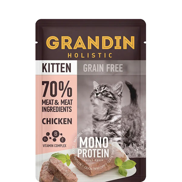 Kitten Grain free Monoprotein Влажный корм Grandin (пауч) для котят, патэ из нежного мяса курицы в желе, 85 гр.