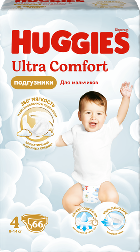 

Подгузники для мальчиков Huggies Ultra Comfort 4 размер 8-14 кг 66 шт.