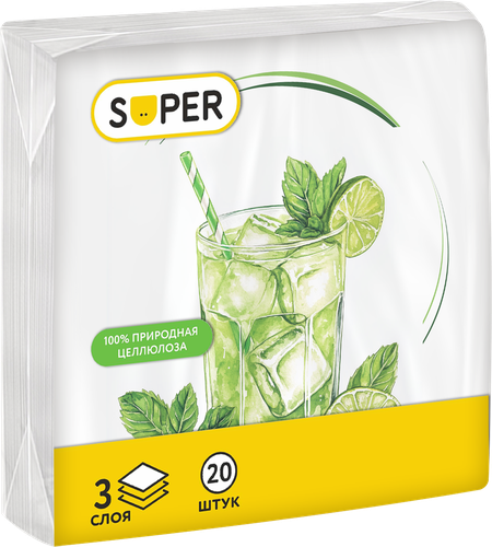 

Салфетки SUPER бумажные Коктейли 3-сл 33х33 см дизайн в ассортименте