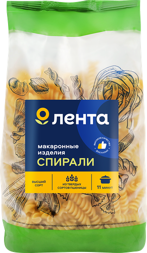 Макароны ЛЕНТА Спирали группа А, высший сорт, 450г