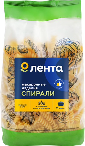 

Макароны ЛЕНТА Спирали группа А, высший сорт, 450г
