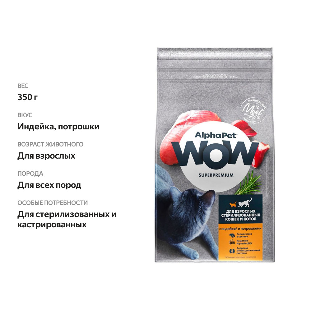 

Сухой корм AlphaPet WOW Superpremium для взрослых стерилизованных кошек и котов Индейка и потрошки 350 г
