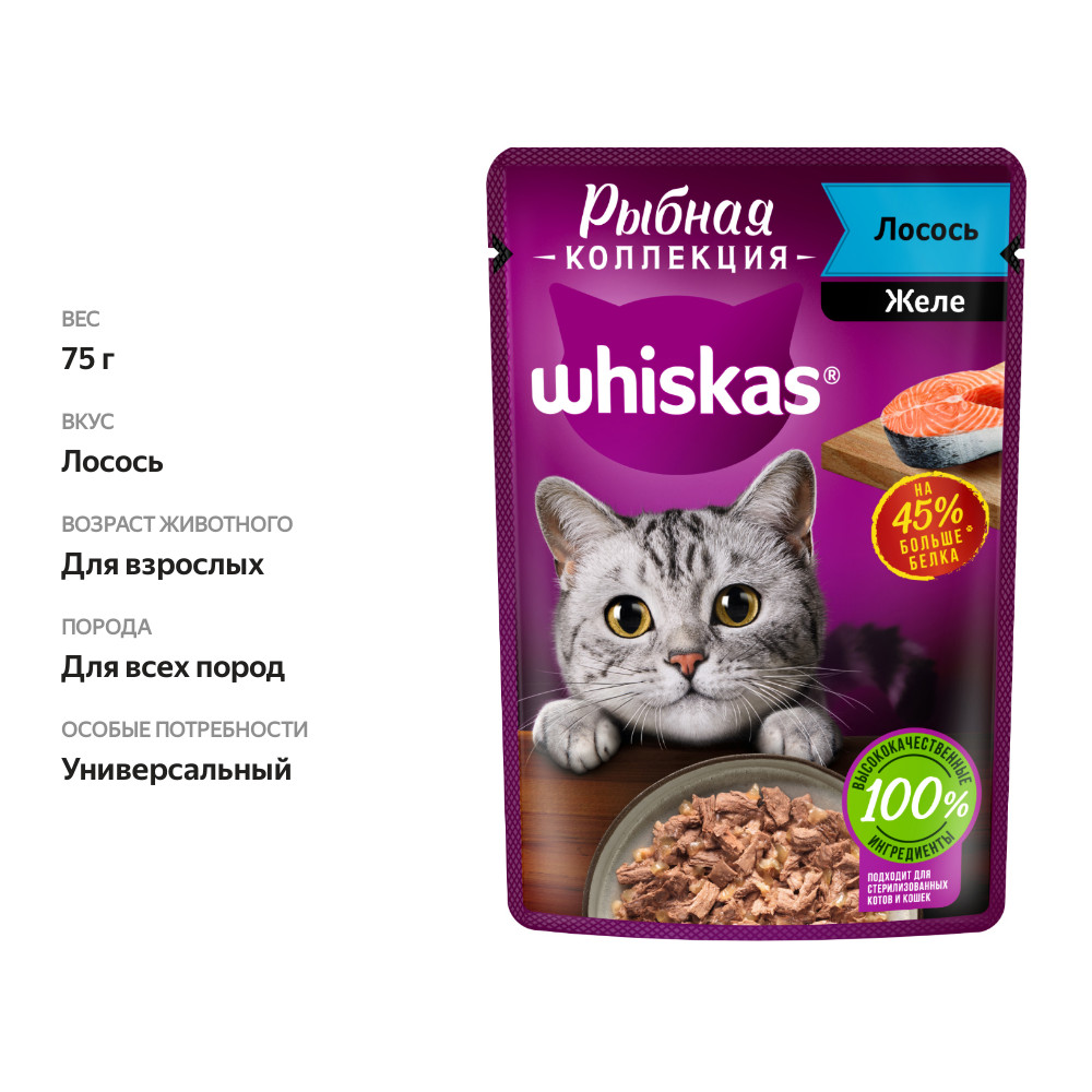 

Влажный корм для кошек Whiskas Рыбная коллекция с лососем в желе 75 г
